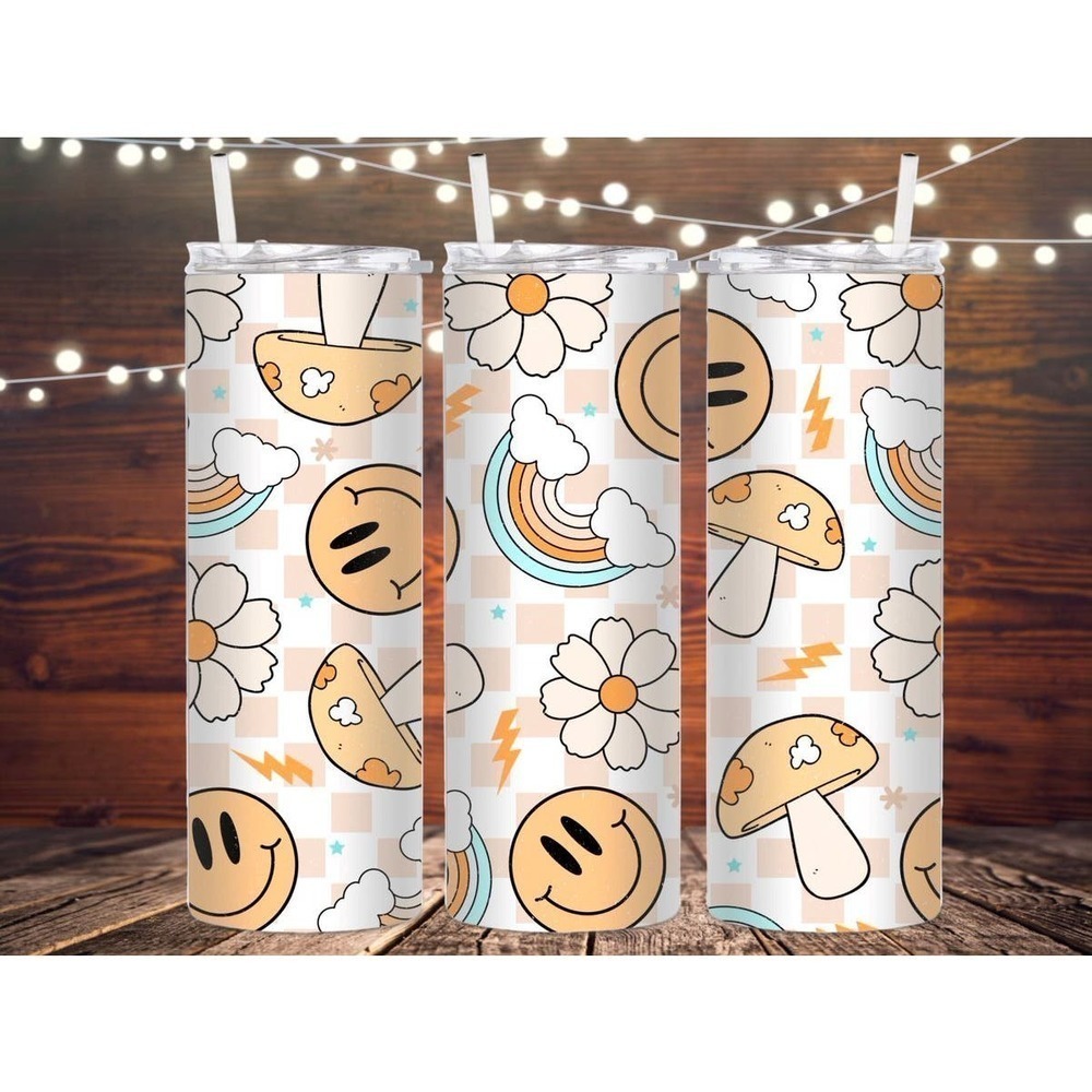 Smiley face, rainbow, mushroom, metal insulated stainless steel tumbler, bottle